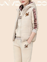 Дамски топъл полар спортен ежедневен комплект (панталон + суичър с качулка + жилетка)