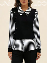 Модерна Псевдо-Двуделна Блуза С Райе И Дълъг Ръкав