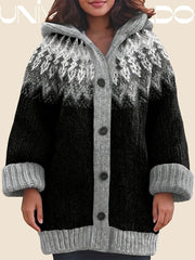 【S~5XL】✨Елегантен плетен кардиган с ретро принт и цветна качулка
