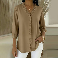 Блуза С V-Образно Деколте, Волани И Ръкави До Лакътя