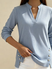 Плетена Свободна Тениска С V-Яка И Копчета