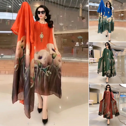 🎉✨🎀【50% ОТСТЪПКА】【M-5XL】Рокля с щампа със средна дължина, комплект от две части