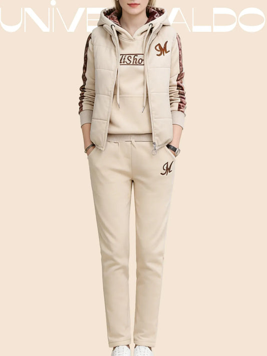 Дамски топъл полар спортен ежедневен комплект (панталон + суичър с качулка + жилетка)