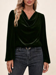 Дамска блуза с плисирана стояща яка и дълъг ръкав