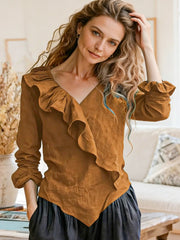 Памучно-Ленена Блуза с V-Яка и Волани