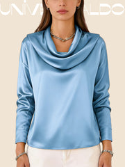 Блуза от Сатен с Плисирана Яка и Дълъг Ръкав