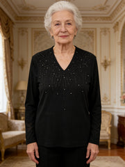 Тениска С Дълъг Ръкав От Мрежа С V-Образно Деколте И Инкрустирани Кристали