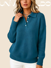 Тениска с Кръгла Яка, Копчета и Дълъг Ръкав в Свободен Крой