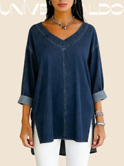 Дамска Деним Блуза с V-Яка и Дълъг Ръкав