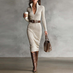 Нова елегантна дамска рокля с дълги ръкави, изработена от чист памук, с прилепваща кройка от 2026 г., във френски стил с нотка лукс.