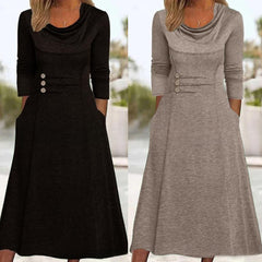 🍁【Ново поступление за есен/зима🔥】👗 Елегантна едноцветна рокля с джобове и обло деколте