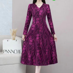 【XL-6XL】Тънка, топла и стилна рокля за бременни с V-образно деколте и дълъг ръкав за есен и зима