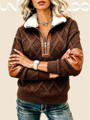 Суитшърт с Молния, Кожена Яка и Плетен Узор