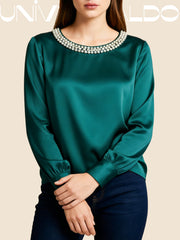 Сатенена Блуза с Кръгла Яка и Перли