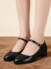 Дамски Кожени Обувки С Дебел Ток, Каишка С Катарама И Мека Подметка