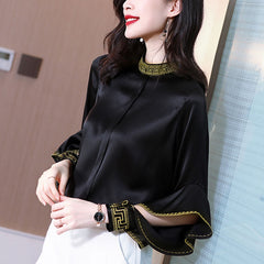 Стилна блуза от коприна със сатен и волни ръбове