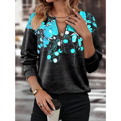 Дамски пуловер с цип и широка кройка - V-образно деколте, дълъг ръкав, цветно блокиран дизайн