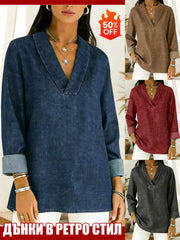 Риза с V-Яка и Деним Ефект в Един Цвят