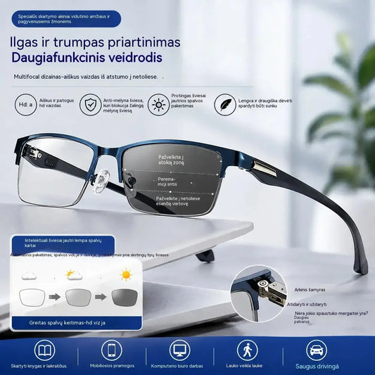 👓 Aiškus matymas be vargo – multifokaliniai skaitymo akiniai su fotochrominiais lęšiais ir mėlynos šviesos apsauga ✨