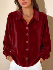 Кадифена Блуза с Отложна Яка, Копчета и Отворен Преден Дизайн