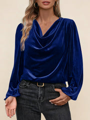 Дамска блуза с плисирана стояща яка и дълъг ръкав