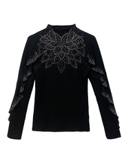 Прилепнала Блуза с Висока Яка, Пробити Детайли и Кристали