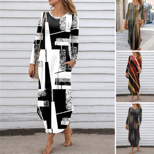 【S-3XL】2025 Нова рокля с джоб с дигитален принт с обло деколте