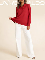 Тениска с Кръгла Яка, Копчета и Дълъг Ръкав в Свободен Крой