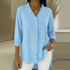 Блуза С V-Образно Деколте, Волани И Ръкави До Лакътя