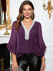 Блуза С Дълбоко V-Образно Деколте Контрастни Цветове Пайети И Разкроени Ръкави