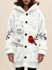 Плетено Наметало с Качулка и Принт на Котка