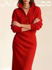 Плетена Свободна Рокля С Копчета И Стоящ Яка