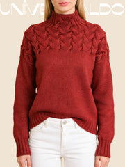 Плетен Пуловер с Висока Яка и Обемен Корабов Възел