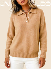 Тениска с Кръгла Яка, Копчета и Дълъг Ръкав в Свободен Крой