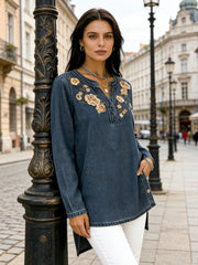 Блуза с Кръгло Деколте, Принт, Имитация на Дънков Плат и V-Образно Деколте с Дълъг Ръкав