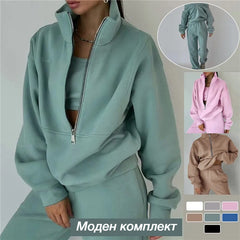 Дамски суичър от две части и пуловер с панталон, монохромна качулка, широк пуловер с качулка, дебели горнища, ежедневно спортно облекло