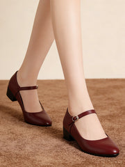 Дамски Кожени Обувки С Дебел Ток, Каишка С Катарама И Мека Подметка