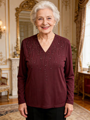 Тениска С Дълъг Ръкав От Мрежа С V-Образно Деколте И Инкрустирани Кристали