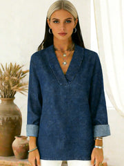 Риза с V-Яка и Деним Ефект в Един Цвят