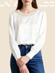 Сатенена Блуза с Кръгла Яка и Перли