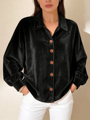 Кадифена Блуза с Отложна Яка, Копчета и Отворен Преден Дизайн