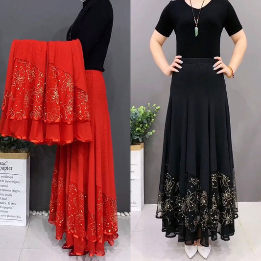 🌷🌹2026 Бродирана дълга пола с висока талия Драпирана танцова пола