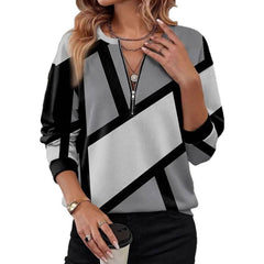 Дамски пуловер с цип и широка кройка - V-образно деколте, дълъг ръкав, цветно блокиран дизайн