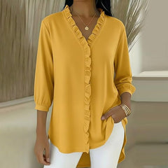 Блуза С V-Образно Деколте, Волани И Ръкави До Лакътя