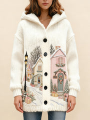 Плетено Наметало с Качулка и Принт на Котка