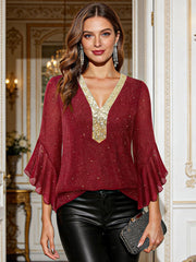 Блуза С Дълбоко V-Образно Деколте Контрастни Цветове Пайети И Разкроени Ръкави
