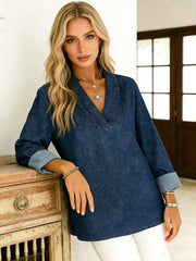 Риза с V-Яка и Деним Ефект в Един Цвят