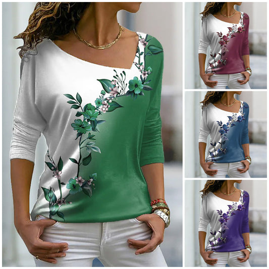 Тениска с Флорален Принт, Смесени Цветове и Кръгла Яка