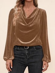 Дамска блуза с плисирана стояща яка и дълъг ръкав