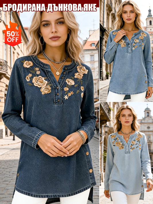 Блуза с Кръгло Деколте, Принт, Имитация на Дънков Плат и V-Образно Деколте с Дълъг Ръкав